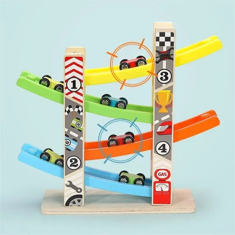 Wooden Ramp Car Toy with Montessori Learning, Sliding Cars, Colorful Track, Safe Design for Ages 3+