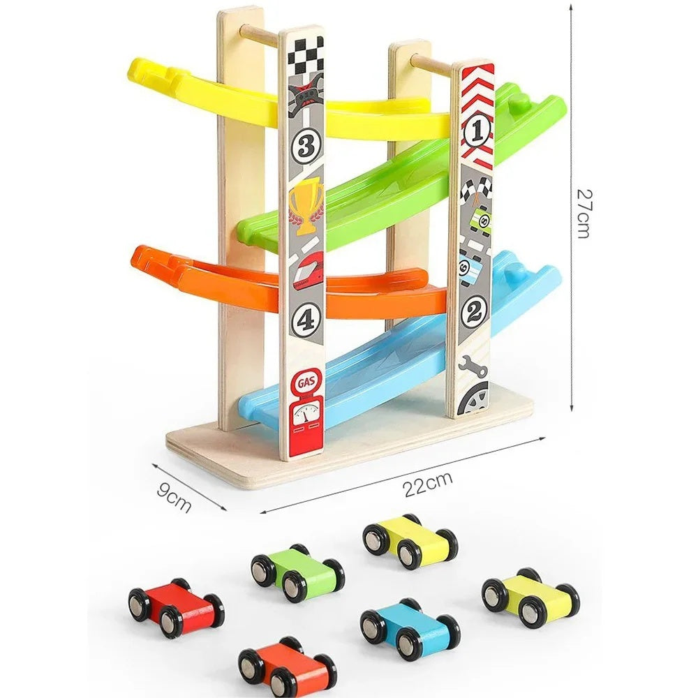 Wooden Ramp Car Toy with Montessori Learning, Sliding Cars, Colorful Track, Safe Design for Ages 3+