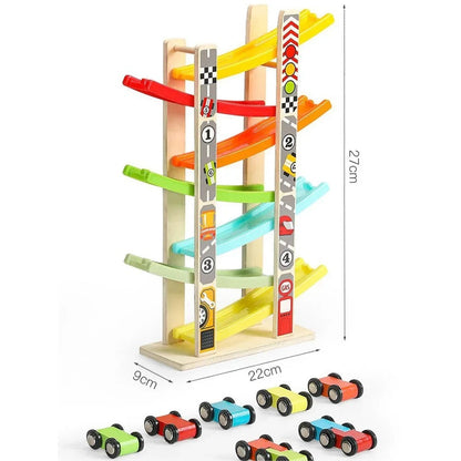Wooden Ramp Car Toy with Montessori Learning, Sliding Cars, Colorful Track, Safe Design for Ages 3+