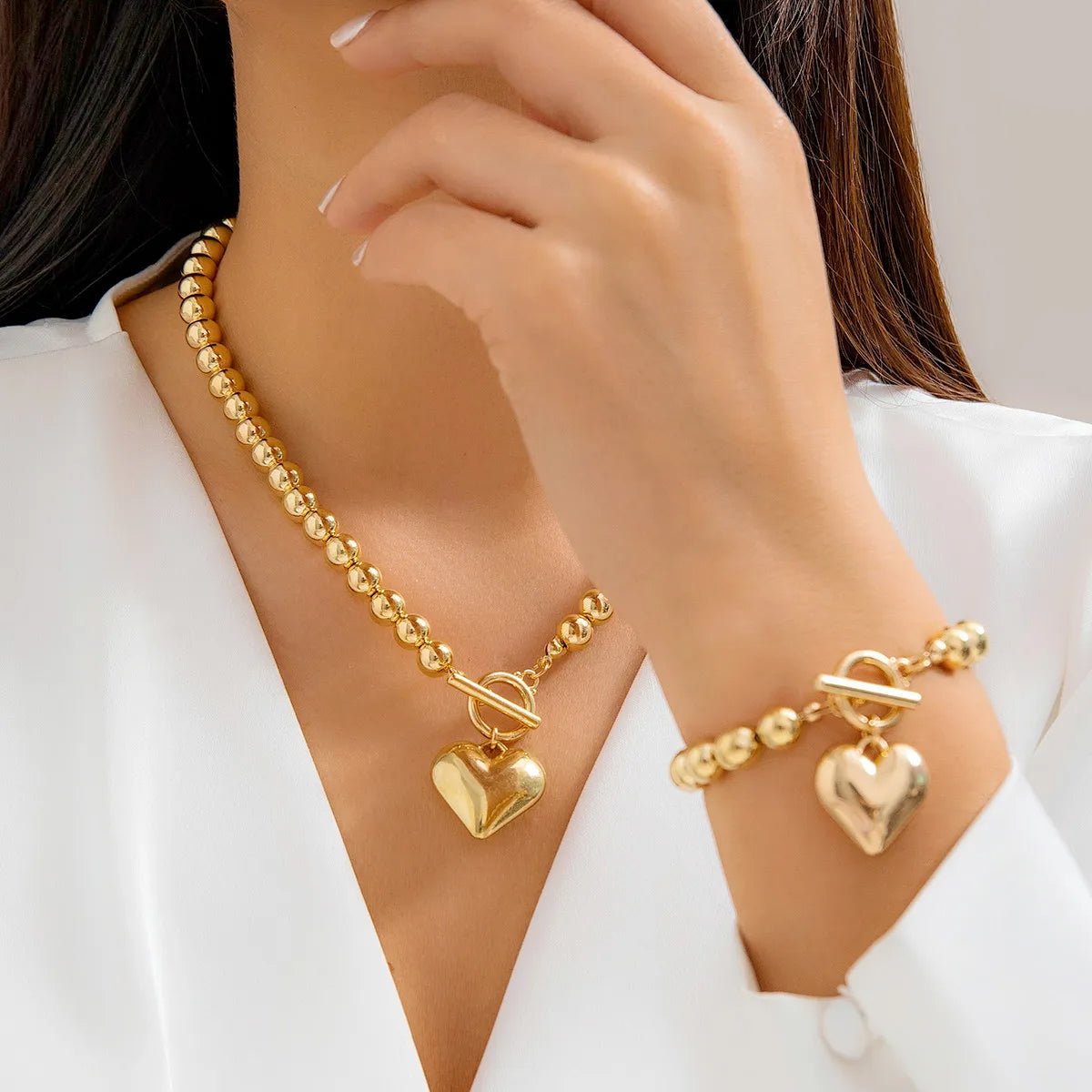 Beaded Heart Charm Bracelet and Necklace Set