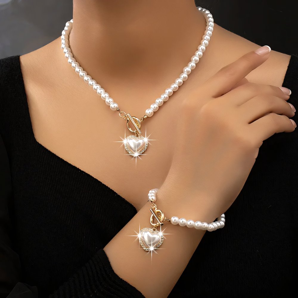 Beaded Heart Charm Bracelet and Necklace Set