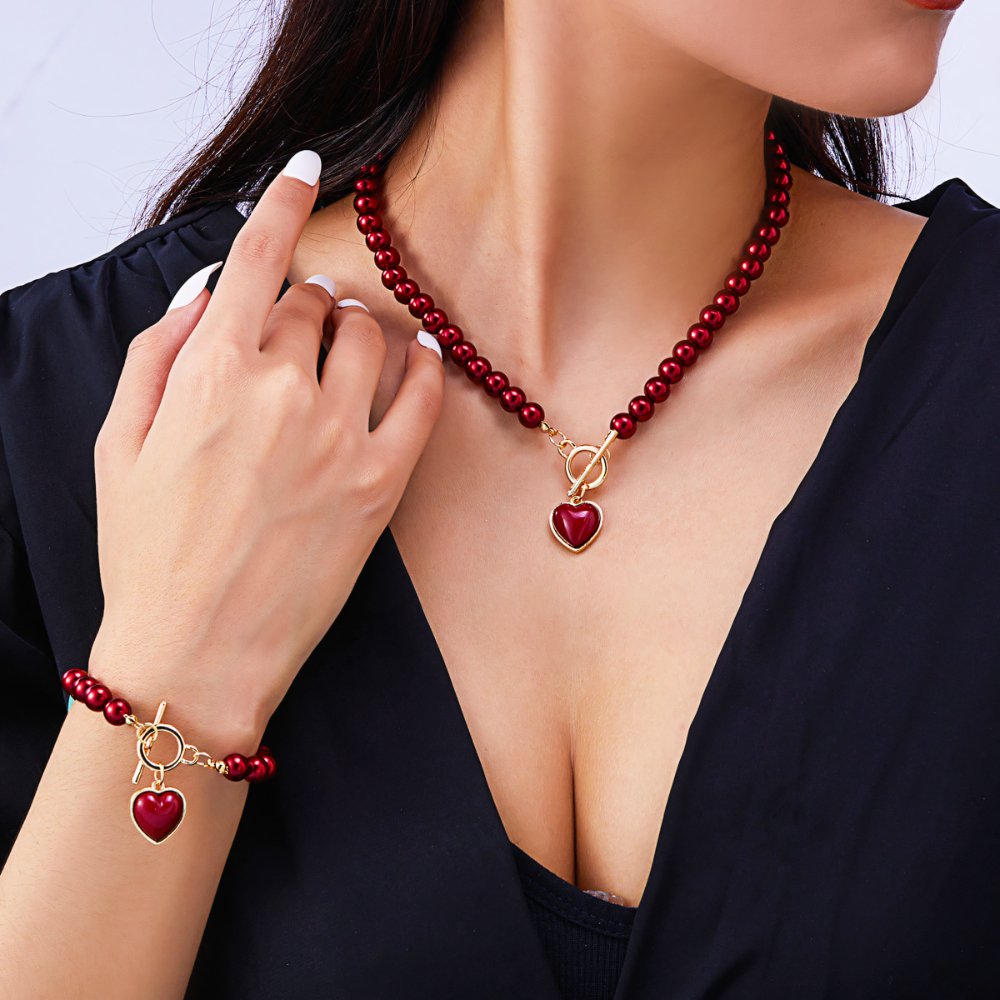 Beaded Heart Charm Bracelet and Necklace Set