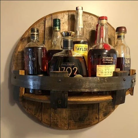 Vintage Whiskey Barrel Shelf - Distressed Home Bar Decor - Halri