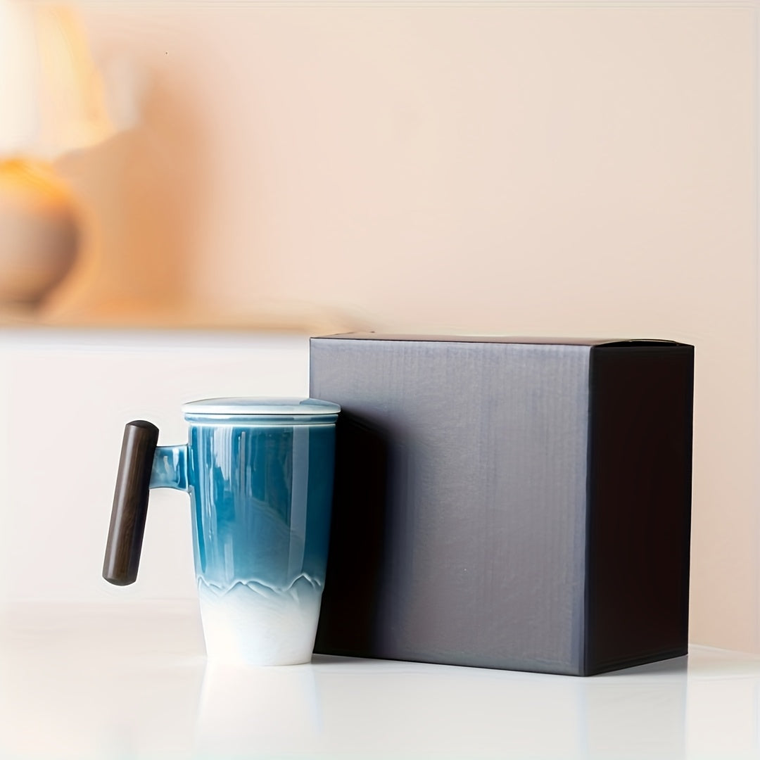 Vintage Style Ceramic Tea Mug with Infuser and Wood Handle