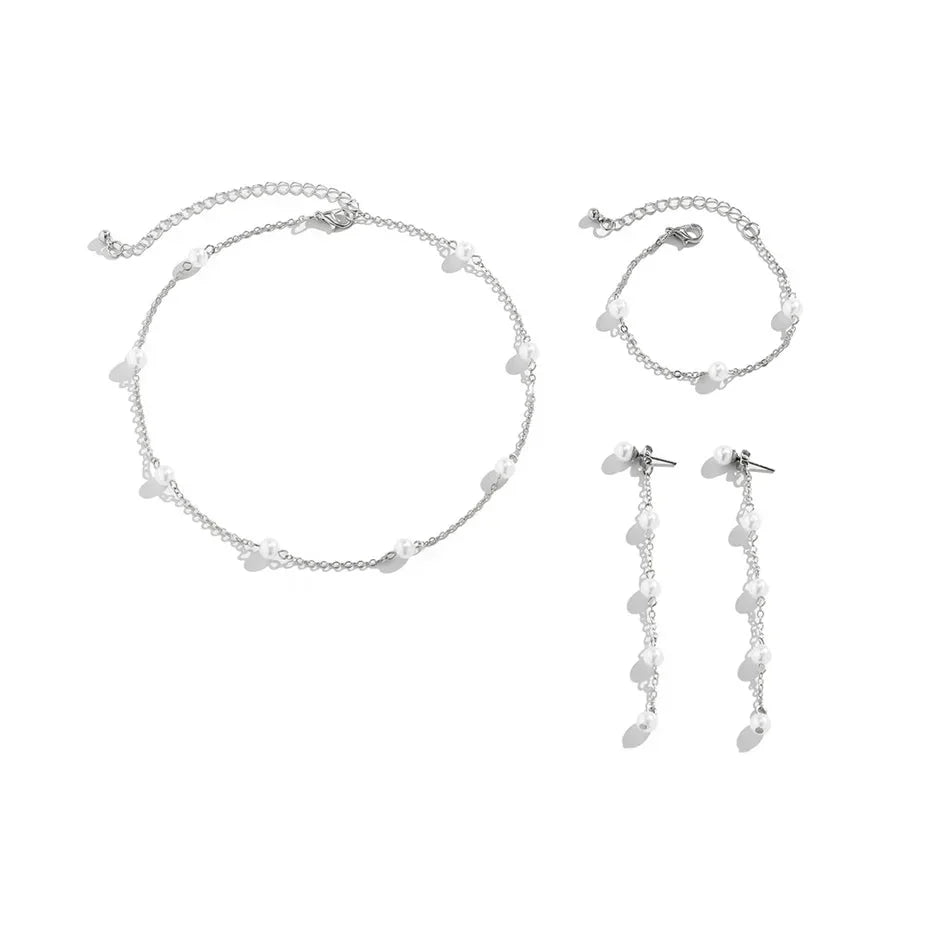 Elegant Pearl Jewelry Set with Chain Bracelet Necklace Earrings