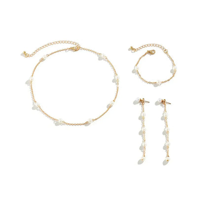 Elegant Pearl Jewelry Set with Chain Bracelet Necklace Earrings - Halri