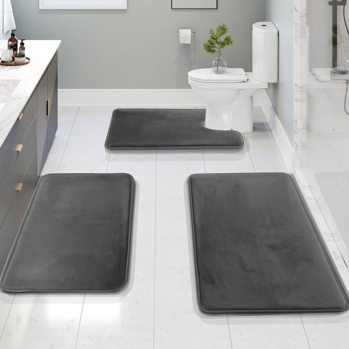 Luxury Plush Bath Mats 3 Piece Set - Gentle, Absorbent, Non Slip - Halri