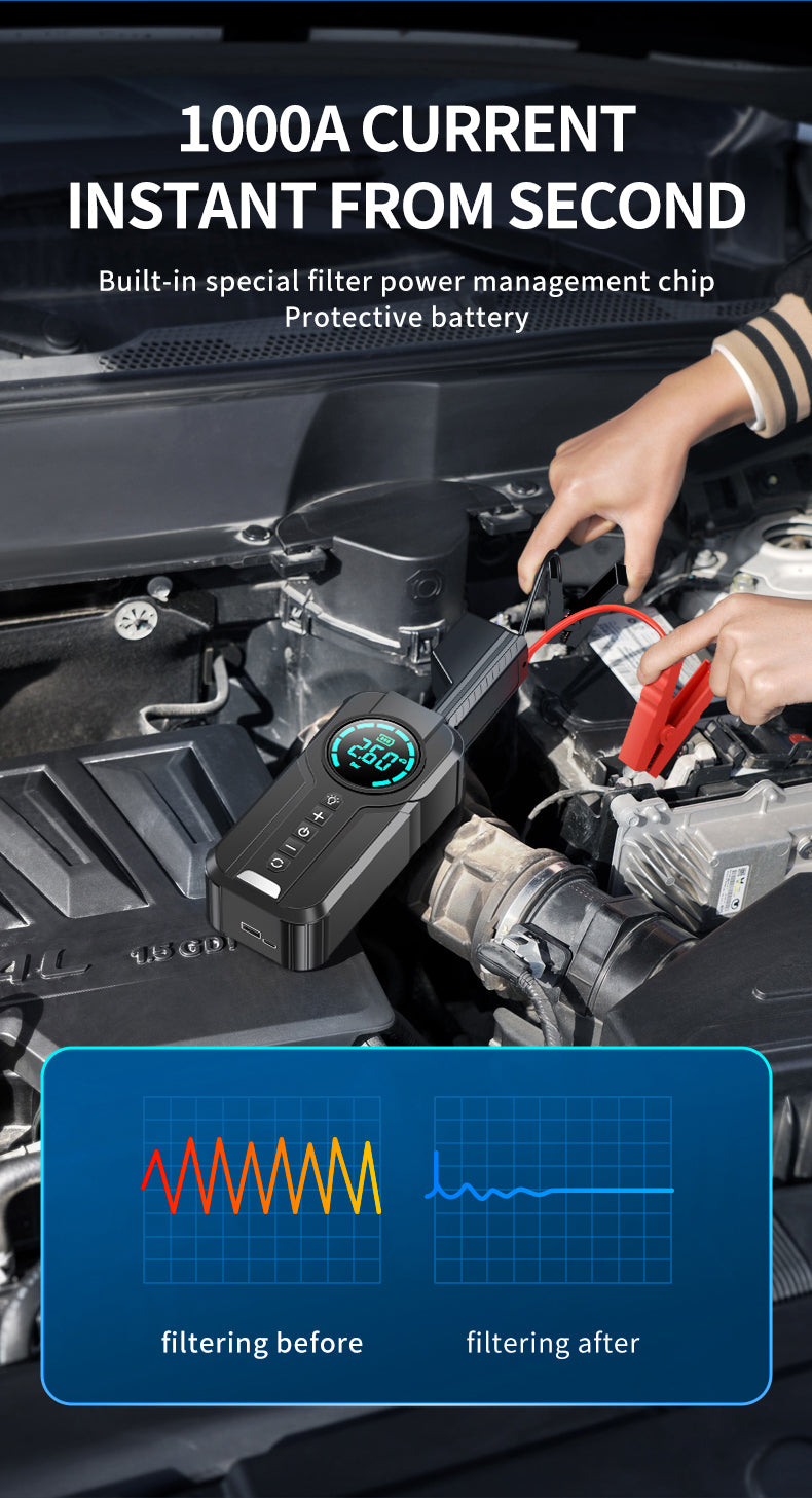 Portable Car Battery Booster with LED Light & Air Pump