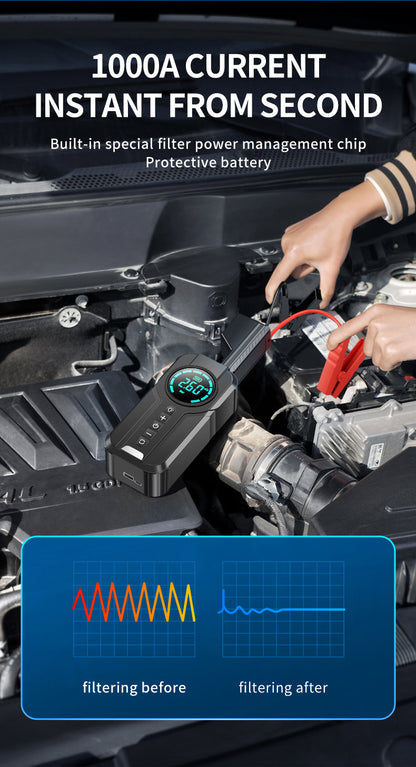 Portable Car Battery Booster with LED Light & Air Pump
