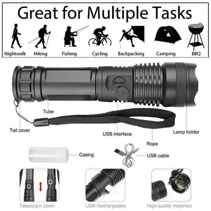 Bright Rechargeable LED Torch - 90,000 Lumens High Power Flashlight
