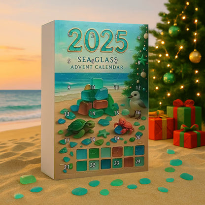 2025 Sea Glass Advent Calendar with beach and Christmas tree background