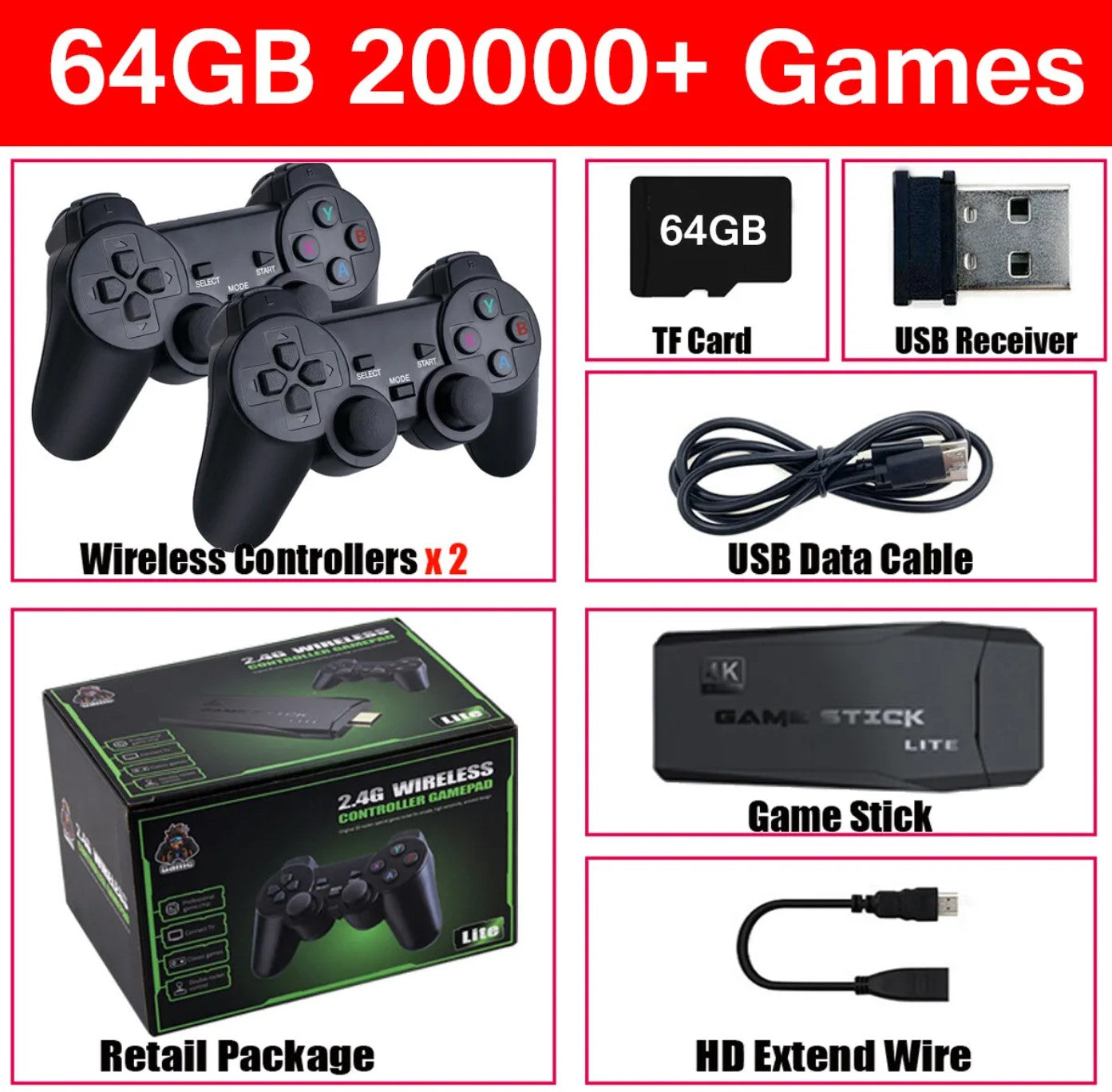 4K Gaming Console Stick with 64GB and Wireless Controllers
