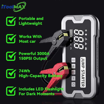 Compact Multi-Function Car Jump Starter with Air Compressor