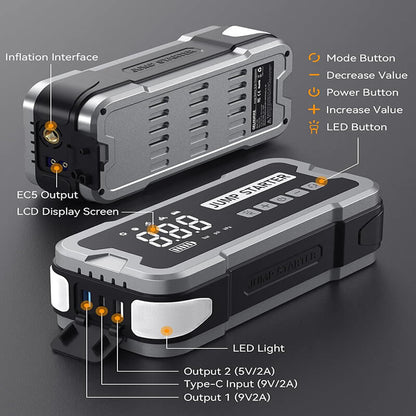 Compact Multi-Function Car Jump Starter with Air Compressor