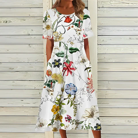 Chic Floral Print White Dress - Halri