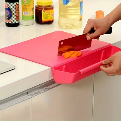 Person using a pink cutting board with a knife to slice carrots on a kitchen counter.