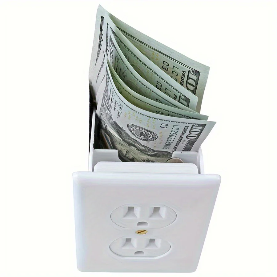 White wall outlet with dollar bills inserted into it on a white background