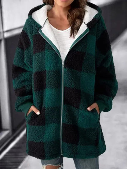 Relaxed Fit Plaid Hooded Coat for Women