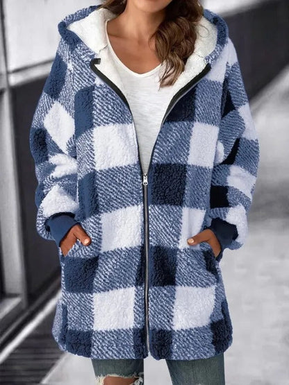 Relaxed Fit Plaid Hooded Coat for Women