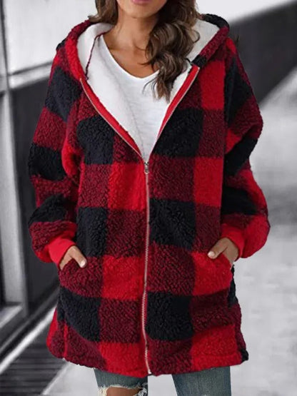 Relaxed Fit Plaid Hooded Coat for Women