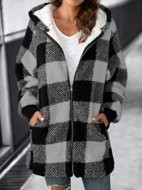 Relaxed Fit Plaid Hooded Coat for Women