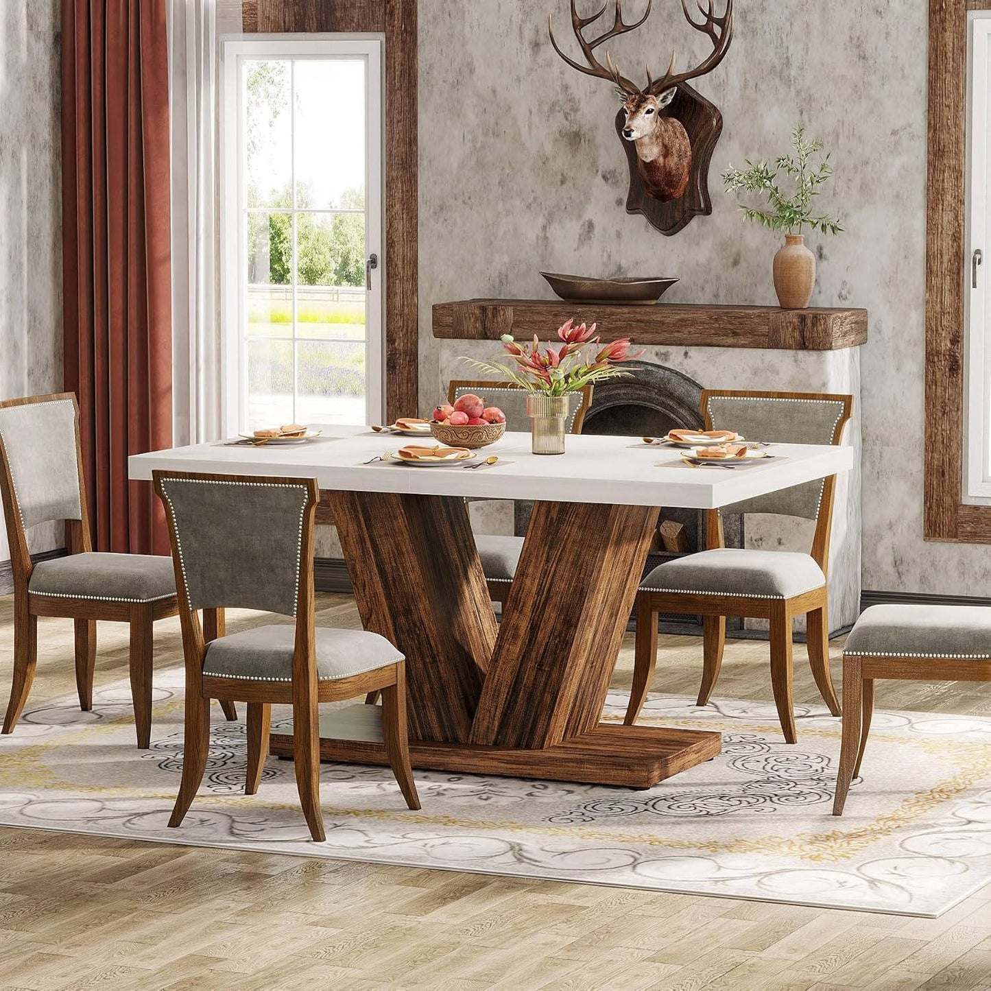 Country Style Wood Dining Table Set for 6