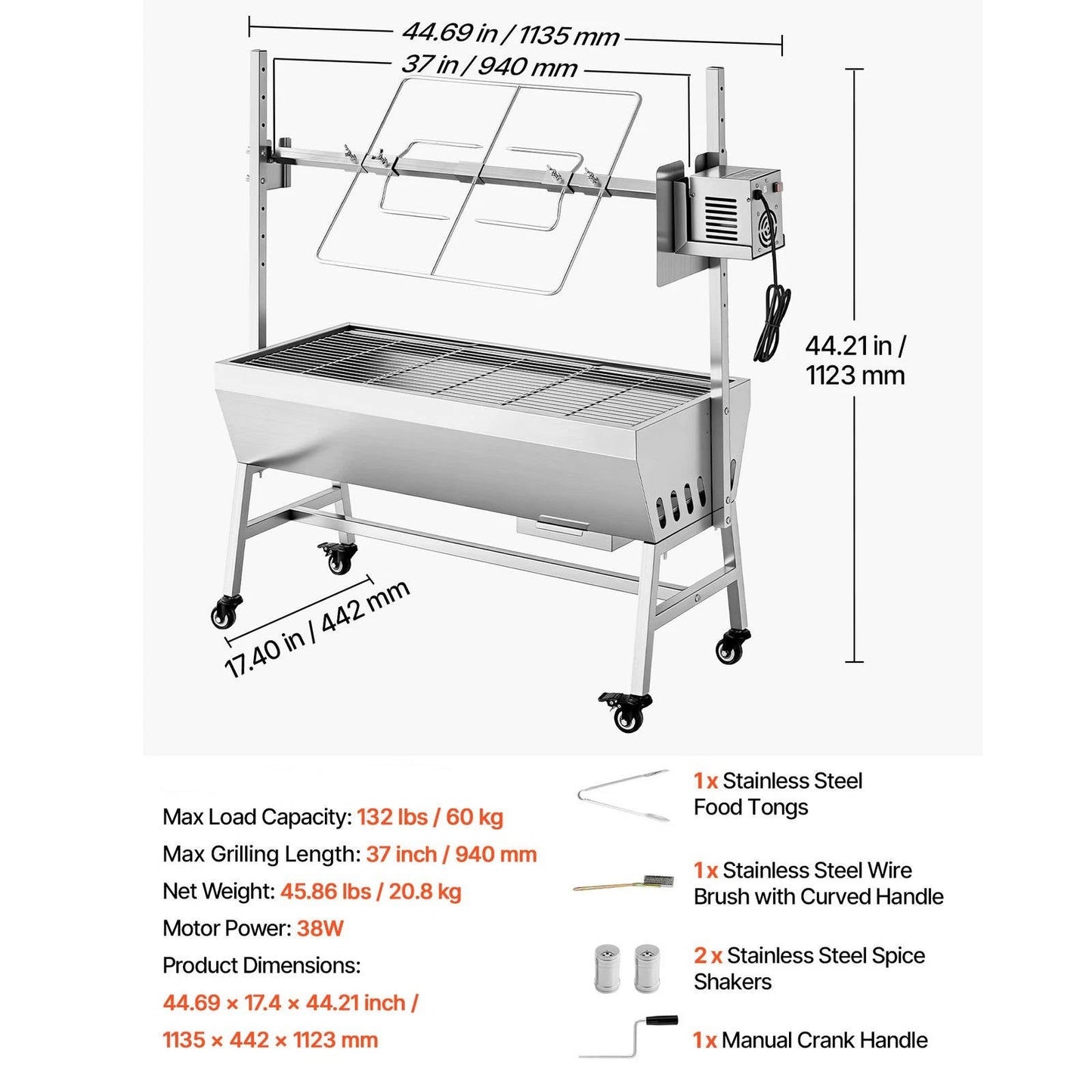 Large Outdoor BBQ Rotisserie Grill Kit Stainless Steel