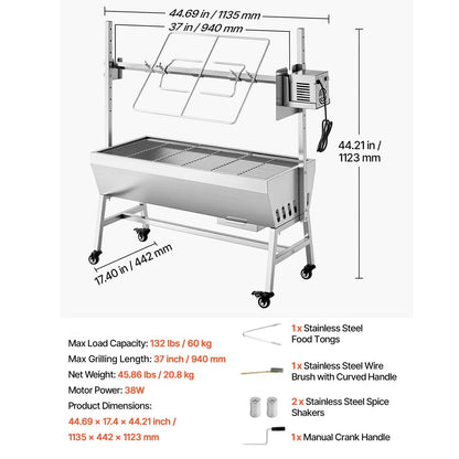 Large Outdoor BBQ Rotisserie Grill Kit Stainless Steel