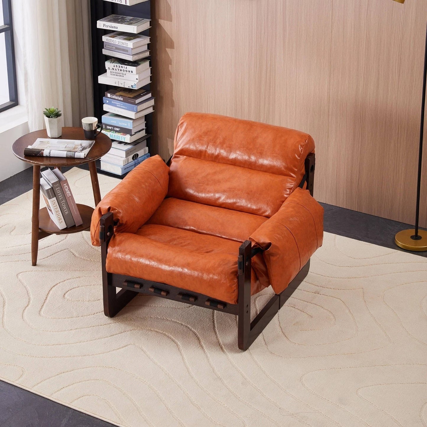 Classic Brown Leather Armchair with Solid Wood Frame - Halri