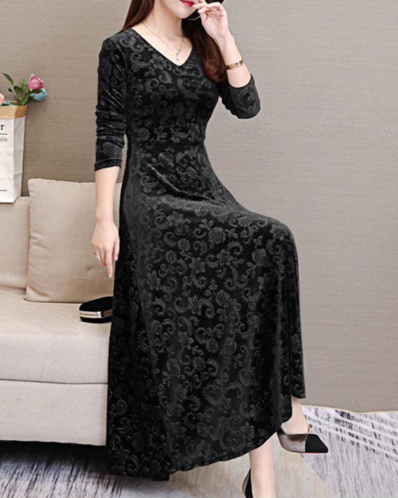 Luxurious Soft V Neck Midi Dress Long Sleeve