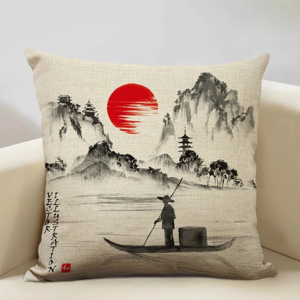 Traditional Japanese Inspired Mount Fuji Pillow Cover