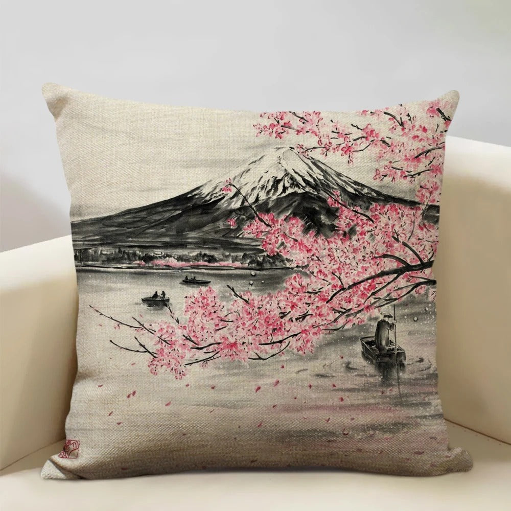 Traditional Japanese Inspired Mount Fuji Pillow Cover