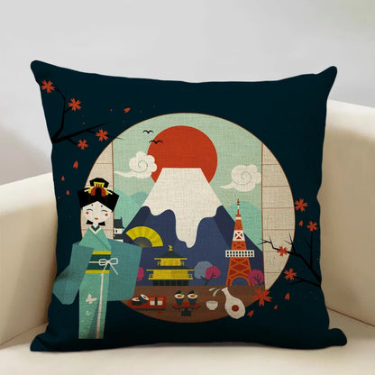 Traditional Japanese Inspired Mount Fuji Pillow Cover