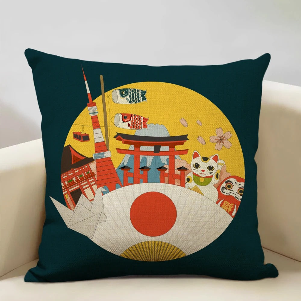 Traditional Japanese Inspired Mount Fuji Pillow Cover
