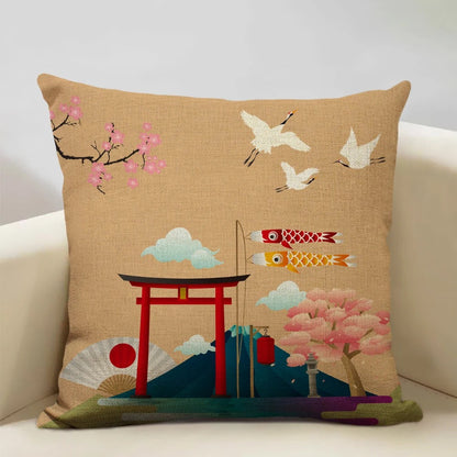Traditional Japanese Inspired Mount Fuji Pillow Cover