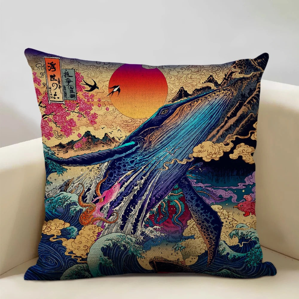 Traditional Japanese Inspired Mount Fuji Pillow Cover