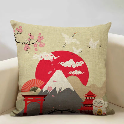 Traditional Japanese Inspired Mount Fuji Pillow Cover