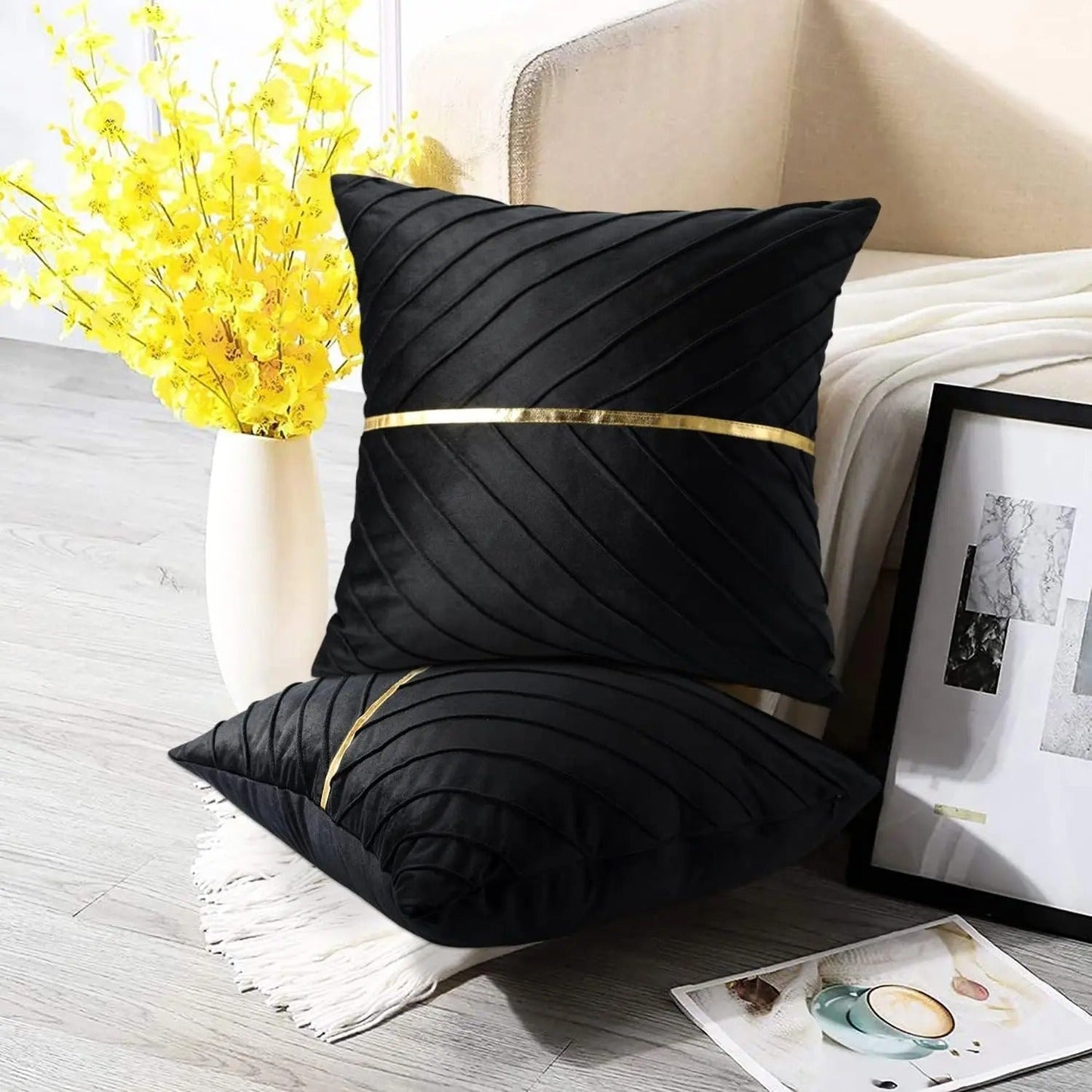 Elegant Black Velvet Pillow Cover with Gold Trim - Halri