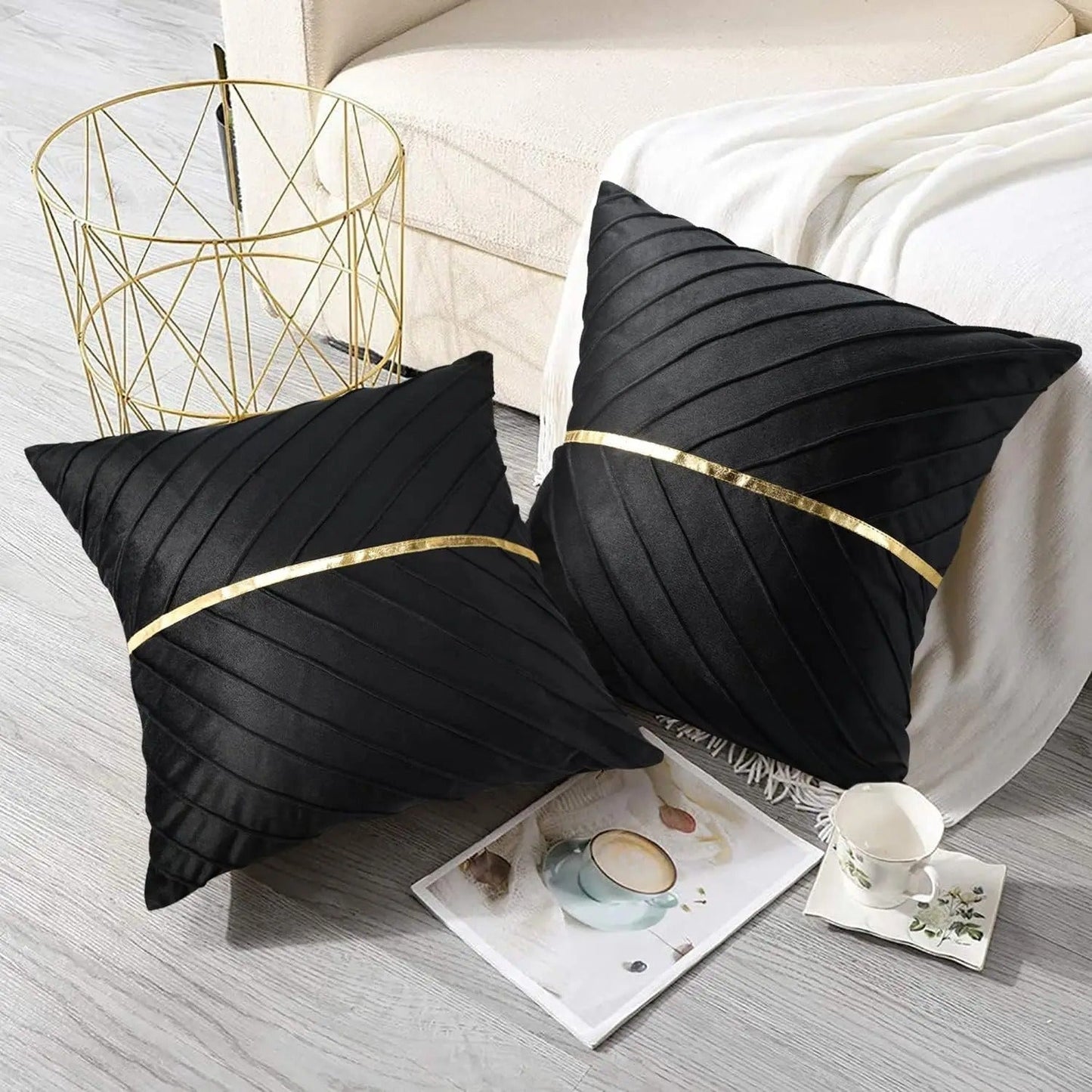Elegant Black Velvet Pillow Cover with Gold Trim