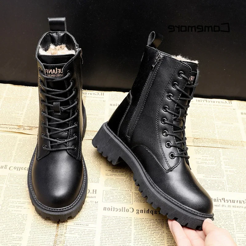 Warm Waterproof Black Leather Snow Boots