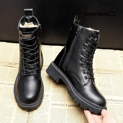 Warm Waterproof Black Leather Snow Boots