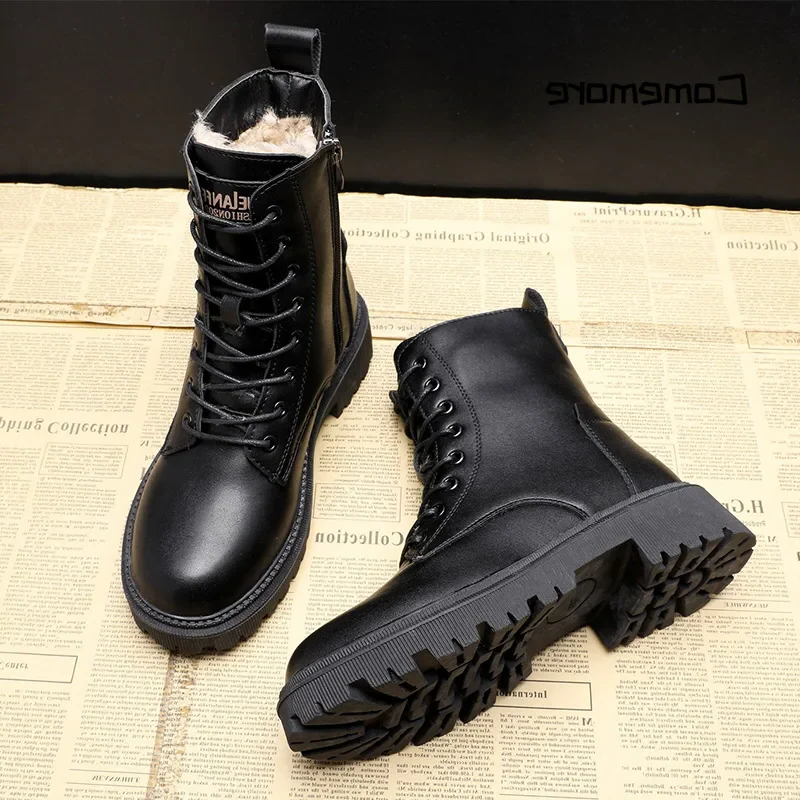 Warm Waterproof Black Leather Snow Boots
