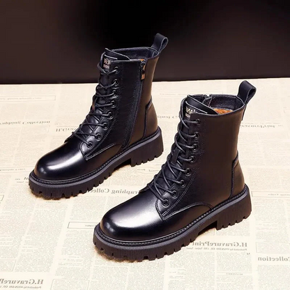Warm Waterproof Black Leather Snow Boots