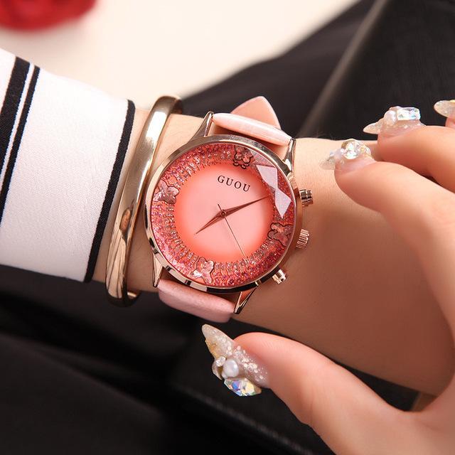 Rose Gold Genuine Leather Women's Diamond Watch - Halri