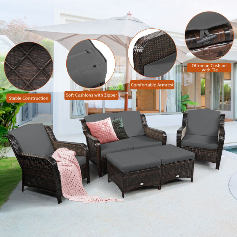 Comfortable 5 Piece Outdoor Wicker Sofa Set with Cushions