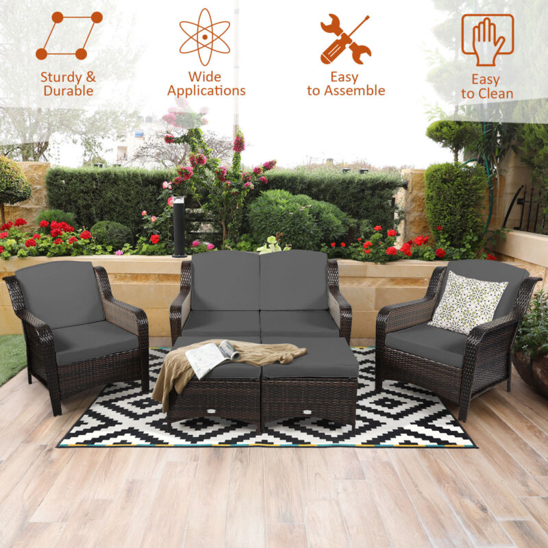 Comfortable 5 Piece Outdoor Wicker Sofa Set with Cushions
