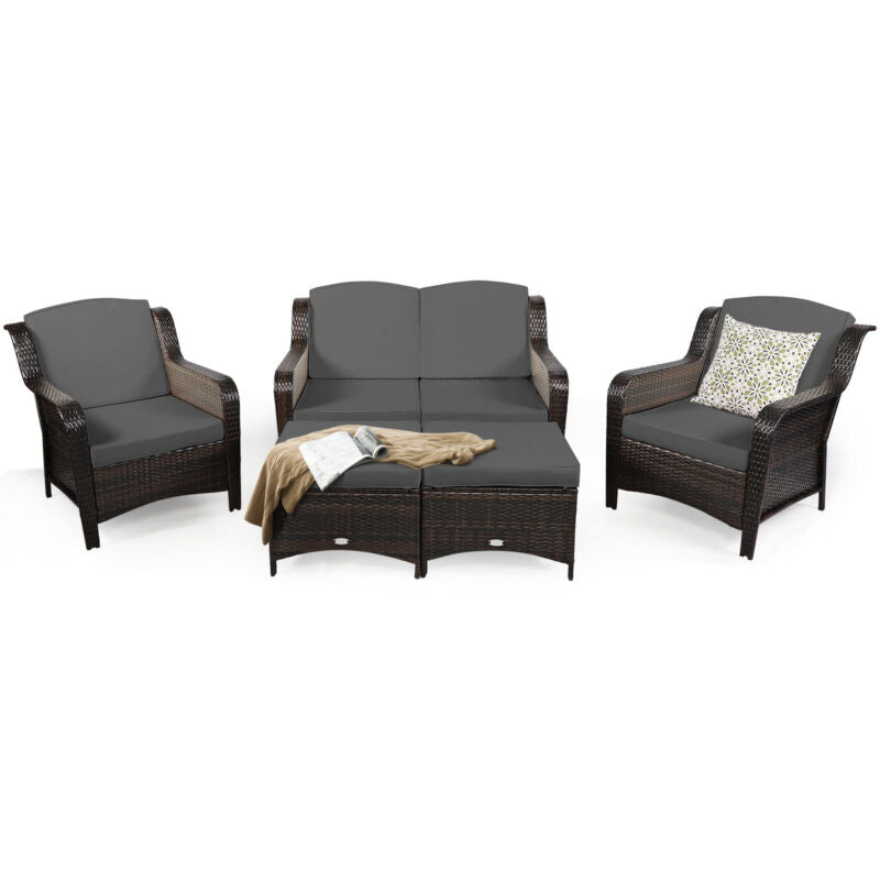 Comfortable 5 Piece Outdoor Wicker Sofa Set with Cushions